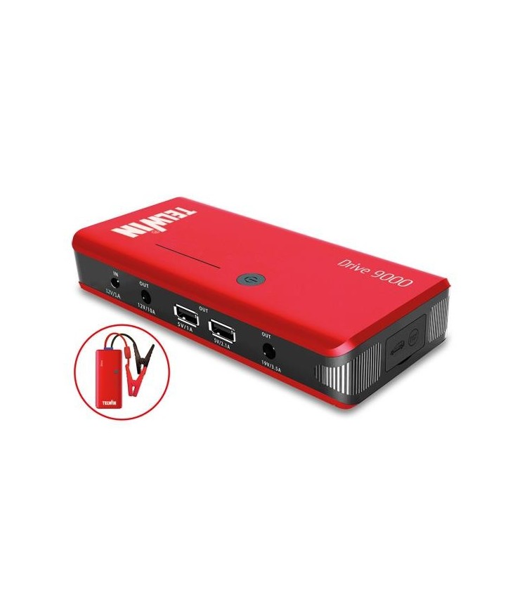 Avviatore portatile ultracompatto di emergenza a 12V multifunzione per moto, auto, camper, motori marini, etc. E’ dotato di du