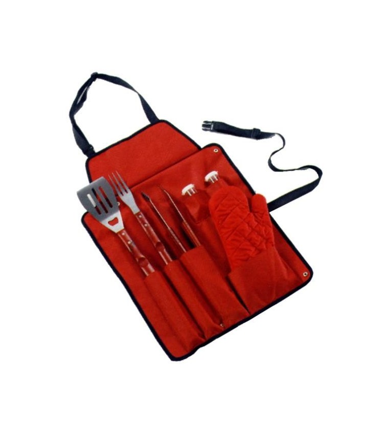 Grembiule rosso portautensili con 6 accessori.