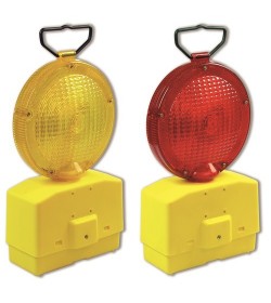 Lampada bipila a Led, bifacciale, luce gialla lampeggiante o luce rossa fissa, dotata di crepuscolare, funzionamento con 2 batte