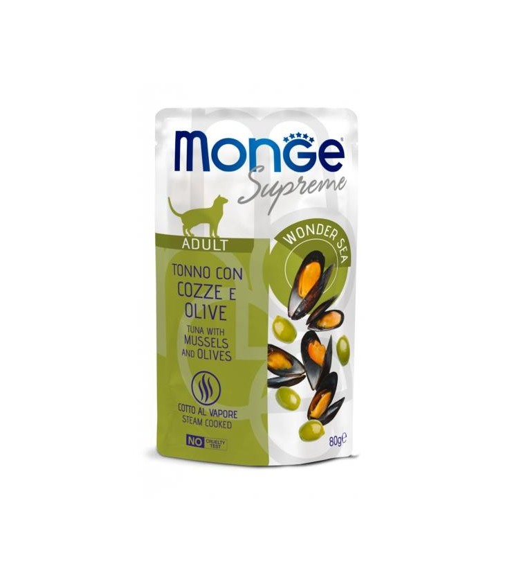 MONGE SUPREME GATTO ADULTO TONNO CON COZZE E OLIVE è un alimento bilanciato per gatti adulti. Formulato appositamente per favor