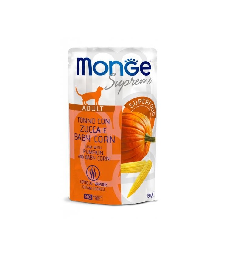 MONGE SUPREME GATTO ADULTO TONNO CON ZUCCA E BABY CORN è un alimento bilanciato per gatti adulti. Formulato appositamente per f