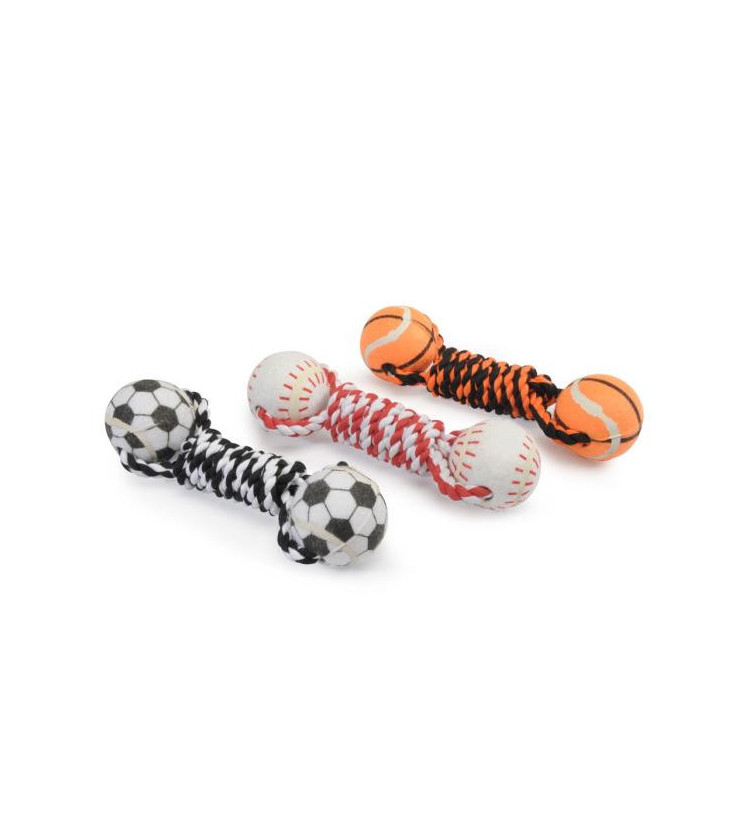 Divertente e colorato gioco per cani che consiste in una corda intrecciata alle cui estremità sono presenti due palline sportiv