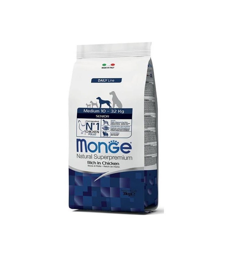 Le crocchette Monge Natural Superpremium Medium Senior con Pollo sono un alimento completo per cani di taglia media in età avan