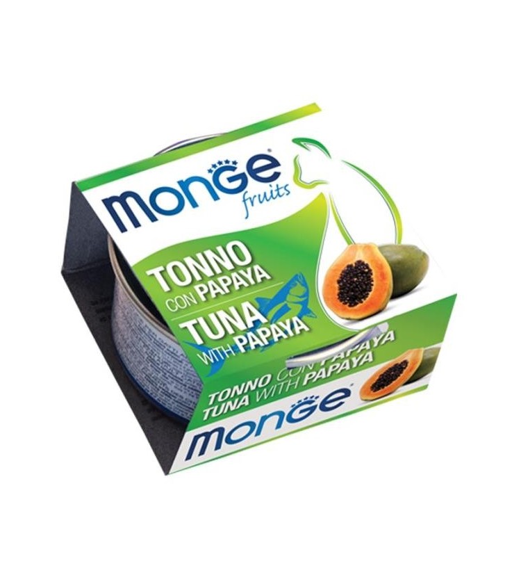 Monge Fruits Tonno con Papaya è un alimento complementare pensato per i gatti più raffinati ed esigenti che completa la gamma 