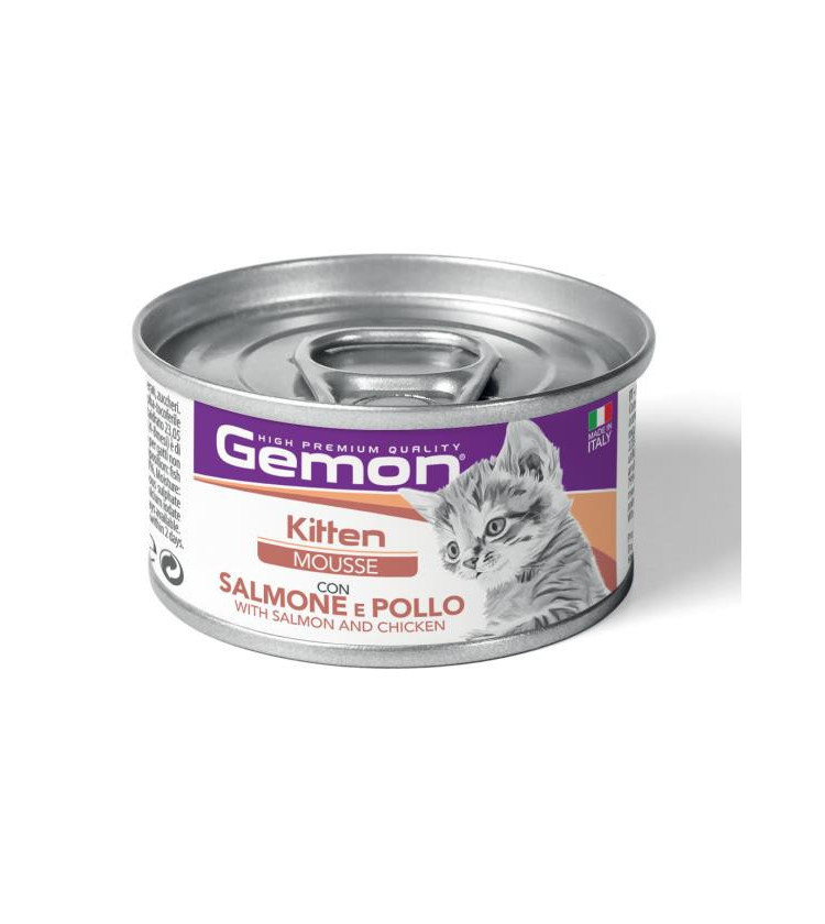 Gemon Kitten Mousse con Salmone e Pollo è un alimento completo per gattini in accrescimento, formulato per fornire tutti i nut