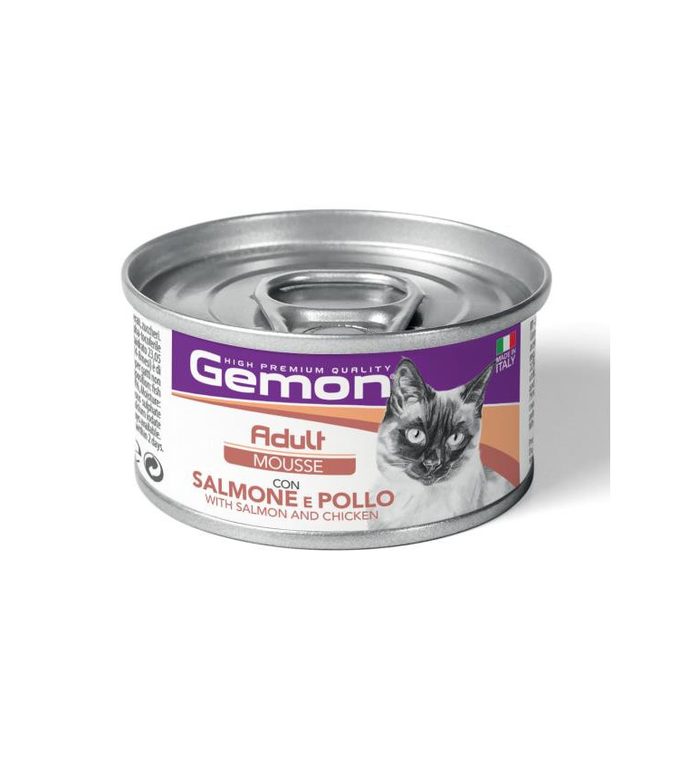 Gemon Adult Mousse con Salmone e Pollo è un alimento completo per gatti adulti, formulato per fornire tutti i nutrienti necess