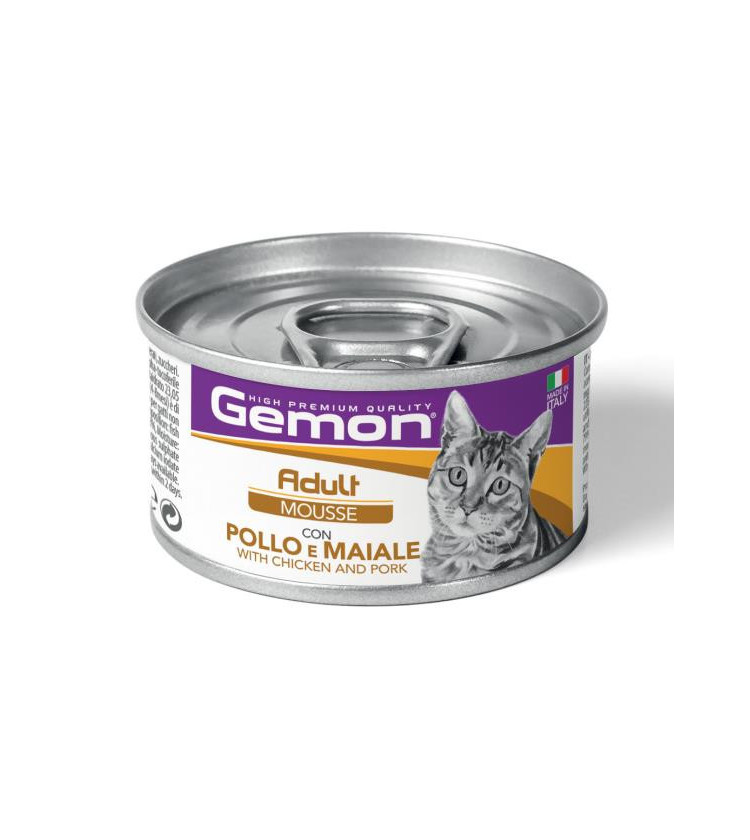 Gemon Adult Mousse con Pollo e Maiale è un alimento completo per gatti adulti, formulato per fornire tutti i nutrienti necessa