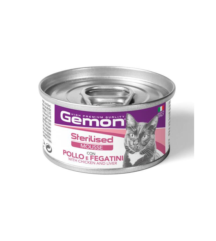 Gemon Sterilised Mousse con Pollo e Fegatini è un alimento completo per gatti adulti sterilizzati, formulato per fornire tutti 