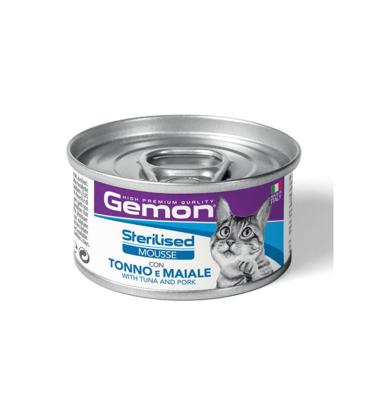 Gemon Sterilised Mousse con Tonno e Maiale è un alimento completo per gatti adulti sterilizzati, formulato per fornire tutti i 