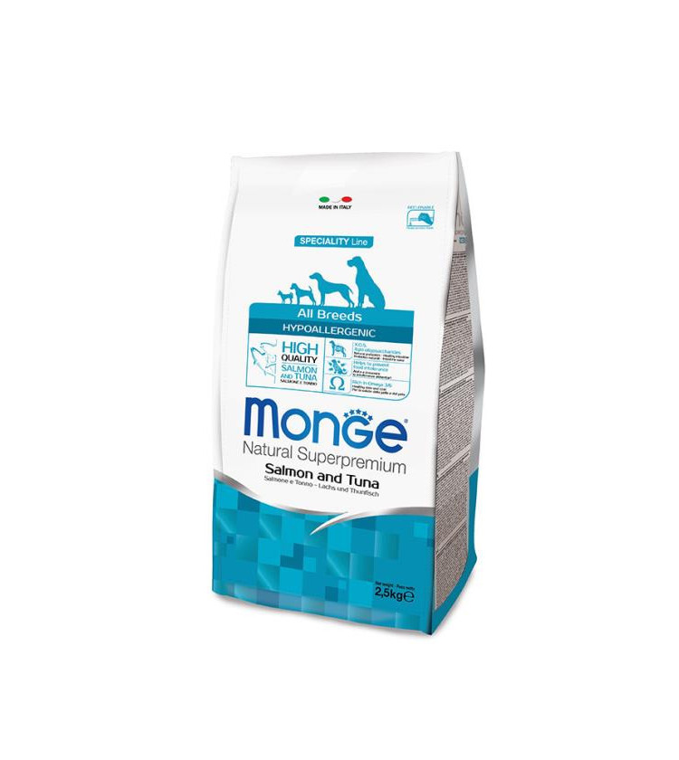 Le crocchette Monge Natural Superpremium Speciality Line Hypoallergenic con Salmone e Tonno sono un alimento completo e bilancia