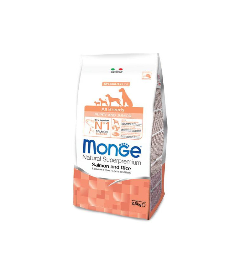 Le crocchette Monge Natural Superpremium Speciality Line Puppy & Junior con Salmone e Riso sono un alimento completo per cucciol