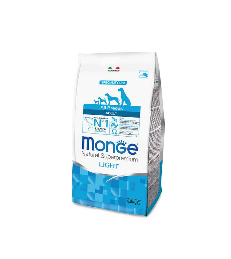 Le crocchette Monge Natural Superpremium Speciality Line Adult Light con Salmone e Riso è un alimento completo e bilanciato per