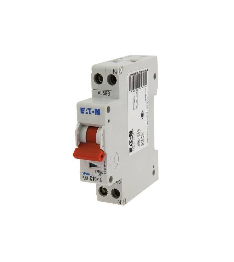 Interruttore magnetotermico 10 A 1P+N 230 V~, potere di interruzione 4,5 KA, ingombro 1 modulo DIN. Colore: grigio. Adatto per p