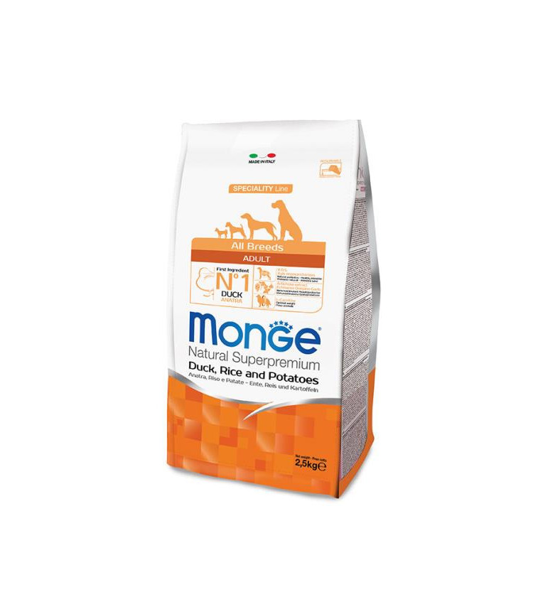 Le crocchette Monge Natural Superpremium Speciality Line Adult con Anatra, Riso e Patate sono un alimento completo e bilanciato 