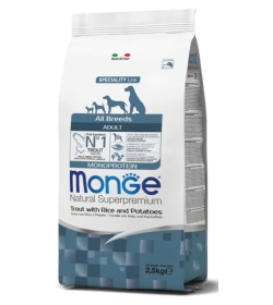 Monge Natural Superpremium All breeds Adult Monoprotein* Trota con riso e patate è un alimento completo per cani adulti di tutt