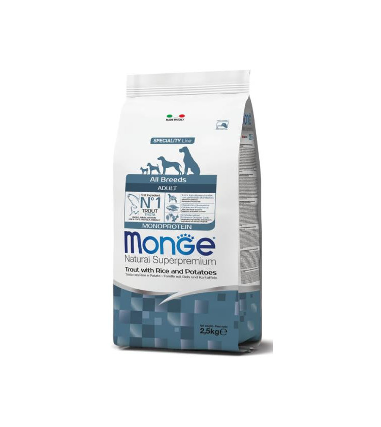 Monge Natural Superpremium All breeds Adult Monoprotein* Trota con riso e patate è un alimento completo per cani adulti di tutt