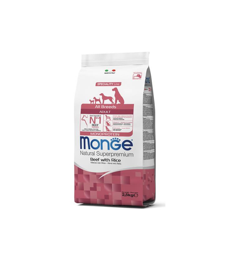 Monge Natural Superpremium All Breeds Adult Monoprotein Manzo con Riso è un alimento completo e bilanciato per cani adulti è c