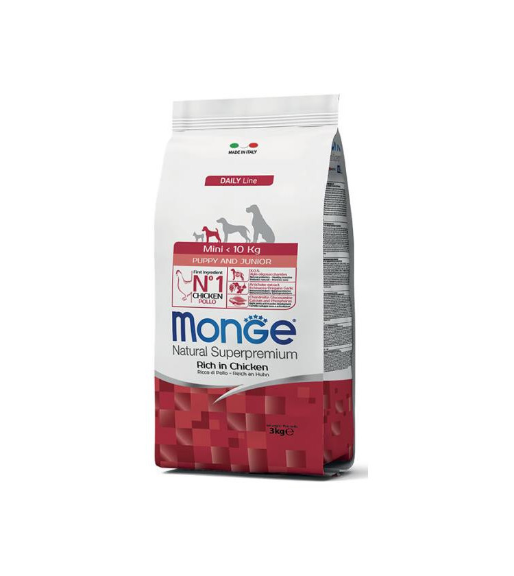 Le crocchette Monge Natural Superpremium Mini Puppy & Junior con Pollo sono un alimento completo per cuccioli di piccola taglia.