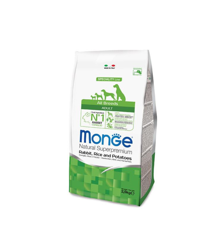 Le crocchette Monge Natural Superpremium Speciality Line Adult con Coniglio, Riso e Patate sono un alimento completo e bilanciat