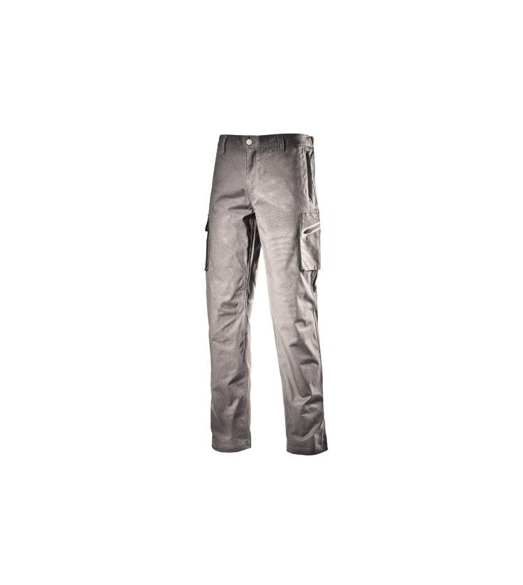 Pantalone cargo in cotone canvas elasticizzato, tasca laterale zippata con dettaglio termonastrato rosso e tasche mani zippate i