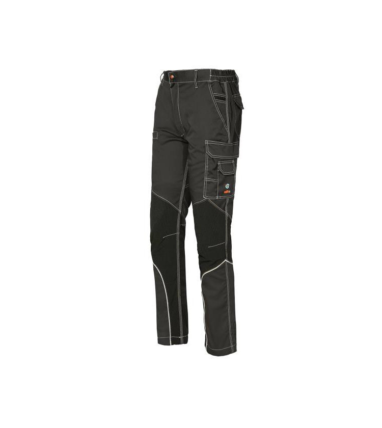 Pantalone tecnico con inserti in tessuto antiabrasione e piping riflettente. Possibilità di regolazione in lunghezza e larghezz