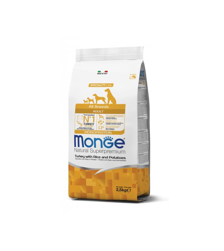 Monge Natural Superpremium All breeds Adult Monoprotein* Tacchino con Riso e Patate è un alimento completo per cani adulti di t