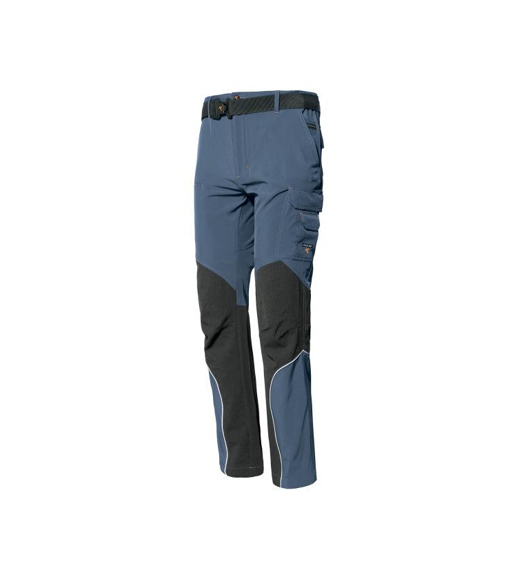 Pantalone estivo in leggerissimo tessuto softshell con contrasti in simil cordura fornito di 6 tasche, più una tasca porta cell