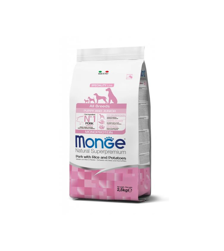 Monge Natural Superpremium All breeds Puppy and Junior Monoprotein* Maiale con Riso e Patate è un alimento completo per cani cu