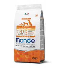 Monge Natural Superpremium All breeds Puppy and Junior Monoprotein* Anatra con Riso e Patate è un alimento completo per cani cu