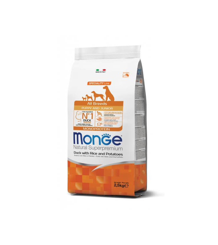 Monge Natural Superpremium All breeds Puppy and Junior Monoprotein* Anatra con Riso e Patate è un alimento completo per cani cu