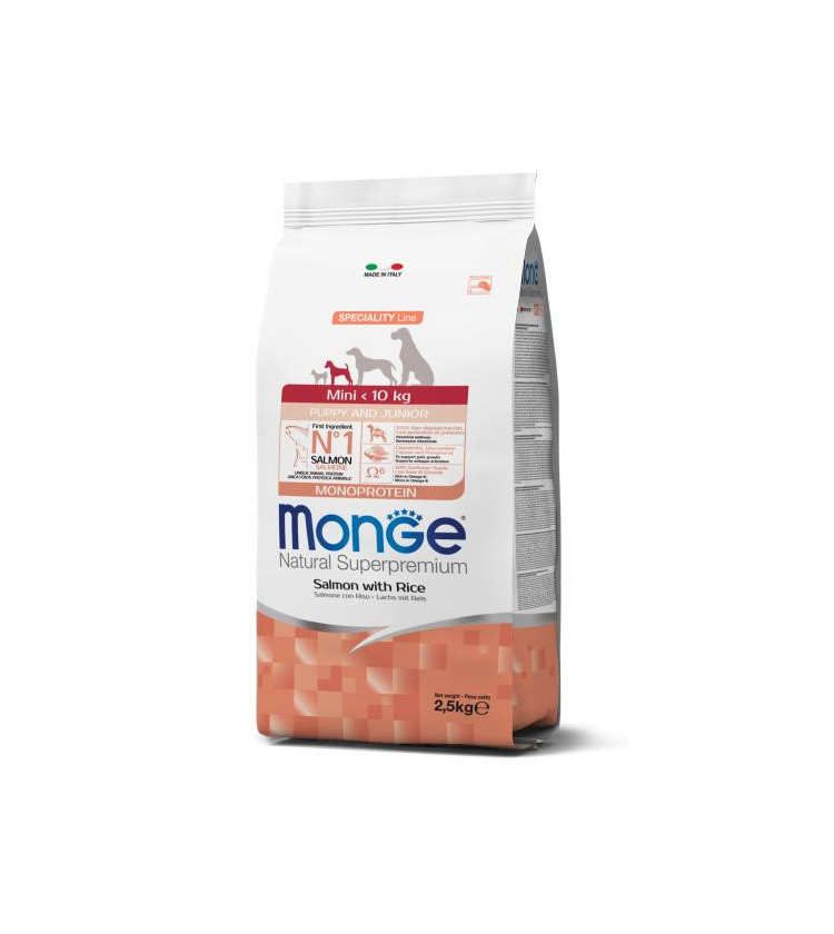 Monge Natural Superpremium Mini Puppy and Junior Monoprotein* Salmone con Riso è un alimento completo per cani cuccioli di tagl