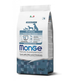 Monge Natural Superpremium All breeds Puppy and Junior Monoprotein* Trota con Riso e Patate è un alimento completo per cani cuc