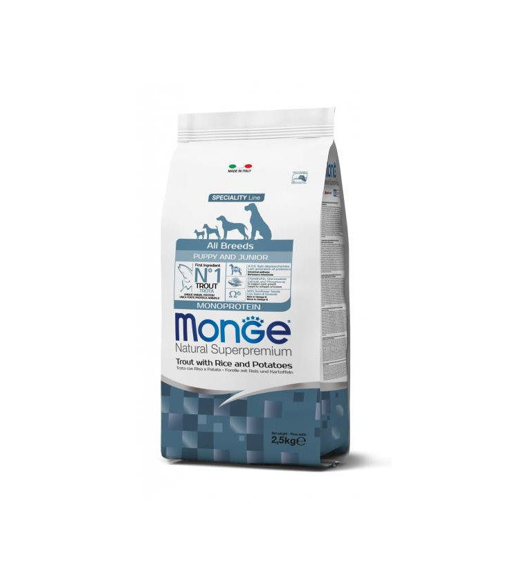 Monge Natural Superpremium All breeds Puppy and Junior Monoprotein* Trota con Riso e Patate è un alimento completo per cani cuc